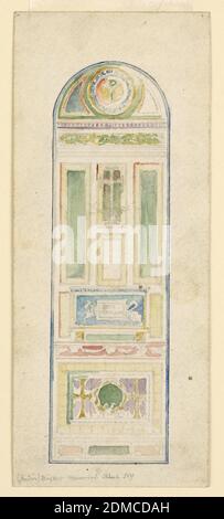 Studie für ein Wanddenkmal in der Judson Memorial Baptist Church, New York, John La Farge, American, 1835–1910, Graphit und Aquarell auf Papier, gewölbte obere vertikale Tafel im byzantinischen Stil, mit einem Denkmal in der Mitte. Kreisförmige Plakette im Bogen., USA, 1892–1900, Architektur, Innenräume, Zeichnung Stockfoto