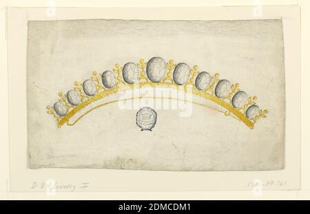 Design für Coronet, Stift und Tinte, Pinsel und Aquarell auf Papier, breite Kurve mit Krepprand, in der ovale Diamanten sich mit einem Blütenstiel abwechseln, der auf einer umgekehrten Halbmonde steht., Italien, 1800–1825, Schmuck, Zeichnung Stockfoto