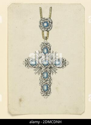 Design für ein Kreuz Anhänger, Stift und schwarze Tinte, Pinsel und blau, gelb, grau Aquarell, Gold auf Papier, Schmuck Design für einen Anhänger in Form eines Kreuzes. Hängt an einer Schnur, die von einer Agraffe (Metallverschluss) befestigt ist; ein blauer Diamant, der von einem verschachtelten Band aus weißen Diamanten eingerahmt wird. Der Anhänger ist ein Kreuz, bestehend aus je fünf blauen Diamanten, eingerahmt von zwei ovalen Bändern. In den Ecken sind Strahlen., wahrscheinlich Neapel, Süditalien, Italien, Ende des 18. Jahrhunderts, Schmuck, Zeichnung Stockfoto