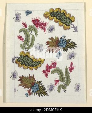 Florales Design für bedruckte Textilien, Louis-Albert DuBois, Schweizer, 1752–1818, Pinsel und Gouache, Graphit auf weißem Webpapier, mehrfarbiges Blatt- und Beerendesign auf weißem Grund, linierter Graphitrand., Frankreich, 1800–1818, Textildesigns, Zeichnung Stockfoto