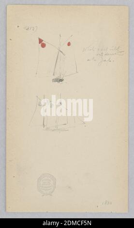 Segelboot, Robert Frederick Blum, Amerikaner, 1857–1903, Stift und Tinte, Graphit auf Wovenpapier, zwei Skizzen eines Segelbootes mit doppeltem Mast-Rumpf unter Segel., USA, 1880, Transport, Zeichnung Stockfoto