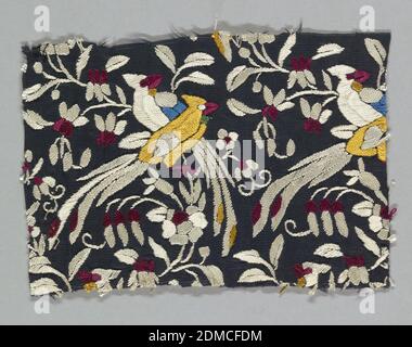 Fragment, Medium: silk Technique: embroidered in satin stitch, Open tabby black silk square embroidered, mostly in satin stitch, in white, red, and yellow silks. Bird and flower design., China, 19th century, embroidery & stitching, Fragment Stock Photo