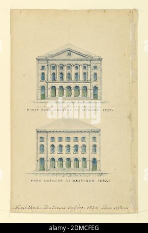 Zwei Erhebungen der Fassaden des Park Theatre, New York, Alexander Jackson Davis, Amerikaner, 1803–1892, Stift und Tinte mit blauen, grünen und grauen Wäschen auf cremefarbenem Papier, Vertikales Rechteck. Oben: Zweigeschossiges Giebel-Gebäude, mit Aufschrift 'First Park Theatre by Holland 1797' und unten, das gleiche Gebäude ohne Giebel, mit Aufschrift 'Park Theatre as restored 1820.1'. Am unteren Rand: 'First Theatre Destroyed by Fire 1820'., USA, ca. 1821, Zeichnung Stockfoto