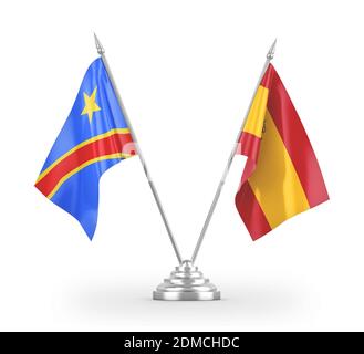 Spanien und Kongo Demokratische Republik zwei Tischflaggen isoliert auf Weiß Stockfoto