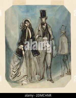 Die Promenade, Constantin Guys, Französisch, 1802 – 1892, Pinsel und blau und grau waschen, Stift und braune Tinte auf Papier, Vertikal Rechteck, abgeschrägte Ecken. Ein paar promenading Arm in Arm frontal gesehen. Frau in einem Seidenrock mit einer hüftlangen schwarzen Samtjacke; Mann in Nachmittagskleidung, hoher Seidenhut. Rechts, Blick von der Rückseite einer männlichen Figur, die in entgegengesetzter Richtung geht., Frankreich, ca. 1858, Figuren, Zeichnung Stockfoto