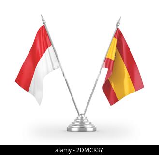 Spanien und Indonesien Tischflaggen isoliert auf weißem 3D-Rendering Stockfoto