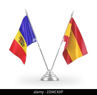 Spanien und Moldawien Tischflags isoliert auf weißem 3D-Rendering Stockfoto