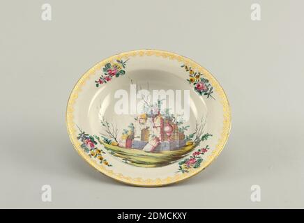 Dish, Gilded tin-glazed earthenware, Floral bouquets and gilding at rim. At center, ruins in a landscape., Italy, ca. 1770, ceramics, Decorative Arts, Dish Stock Photo