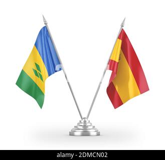 Spain and Saint Vincent and the Grenadines two table flags isolated on white Stockfoto