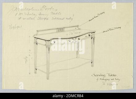 Design für Sideboard/Serviertisch aus Mahagoni und Inlay, A.N. Davenport Co., Stift und schwarze Tinte, Graphit, auf dünnem cremefarbenen Papier, schmaler rechteckiger Sideboard/Serviertisch auf vier geraden, verjüngenden, gerillten Beinen; Schrankbereich hat Serpentinfront mit zwei horizontalen Schubladen, jeweils mit zwei ziehen und Inlay-Designs an den Ecken; Patera-Medaillon-Design auf der Mitte des Backsplash; Hängende florale Designs auf den Vorderbeinen; separates Regal in der gleichen Kontur wie der obere Teil etwas über dem Boden Ebene., 1900–05, Möbel, Zeichnung Stockfoto