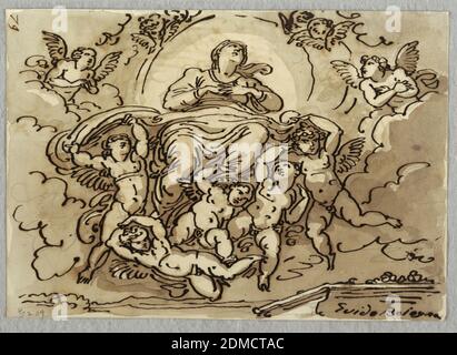 Die Verkündigung der Jungfrau, nach Guido Reni, Felice Giani, italienisch, 1758–1823, Feder und Tusche, Pinsel und braune Wäschen auf Papier, rückseitig: Jungfrau aufsteigend mit Engeln und einem sibyl und Johannes dem Täufer, Italien, 1813–18, Figuren, Zeichnung Stockfoto