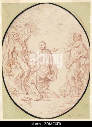 Marsyas, Jean-Baptiste van Loo, französisch, 1684 - 1745, Rote Kreide auf gegossem Papier, Marsyas ist links an einen Baum gebunden. Apollo, rechts stehend, weist einen seiner Diener, der von hinten hereingeführt wird, an, den Gefangenen zu schlagen., Frankreich, 1725–1745, Zeichnung Stockfoto