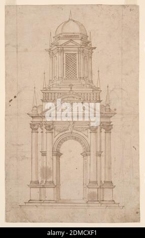 Design für ein Tabernakel, Stift und Bistre Tinte, Pinsel und Wasch, Graphit auf gedeckten Papier, Architekturentwurf für ein Tabernakel. Auf einer Basis, eine gewölbte Struktur mit zwei ionischen Säulen auf beiden Seiten, die Decke des Bogens mit geschnitzten Details geschmückt, ein dreieckiger Giebel oben. Vier dreieckige Türme an jeder Ecke, über denen die Tabernakel Struktur mit mehreren Stufen, die zu einem Eingang in einem achteckigen gewölbten Gebäude mit Türmen auf der linken, rechten und oberen platziert ist. Graphitangaben kleinerer gewölbter Strukturen links und rechts, Graphitlinien links und rechts Stockfoto