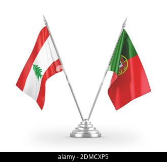 Portugal und Libanon Tischflaggen isoliert auf weißem 3D-Rendering Stockfoto