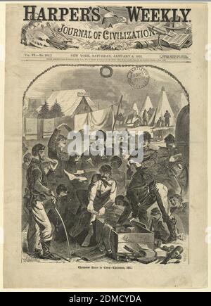 Weihnachtskisten im Lager – Weihnachten, 1861, Winslow Homer, Amerikaner, 1836–1910, Harper's Weekly, Holzstich in schwarzer Tinte auf Papier, Union Soldaten im Lager versuchen, ihre Weihnachtssocken und essen Köstlichkeiten von zu Hause., USA, 4. Januar 1862, Zahlen, Druck Stockfoto