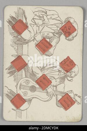 Eight of Diamonds, E. Le Tellier, Französisch, aktiv Ende des 19. Jahrhunderts, B.P. Grimaud, Paris, Frankreich, Lithograph auf Papier, acht Diamanten Spielkarten aus einem Satz von Transformations-Spielkarten. Vertikal, eine figürliche Szene in Umriss dargestellt. Zwei Herren in aufwendigen Kleidern spielen Musik - der Mann oben hält ein Dreieck, und der Mann unten spielt Gitarre. Rote Diamanten in die Szene integriert., Paris, Frankreich, Ende des 19. Jahrhunderts, Spielzeug & Spiele, Spielkarte, Spielkarte Stockfoto