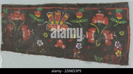Sidewall, linen, paint, Horizontal section of coarse natural linen painted on one side with fragmentary medium- scale symmetrical design of bunch of three carnations (?) alternating with single large flower-head; smaller floral sprigs in interstices. Red, yellow, white, green and blue on black ground. One plain selvedge. Two French seams in linen., France, 1800–1825, Wallcoverings, Sidewall Stockfoto