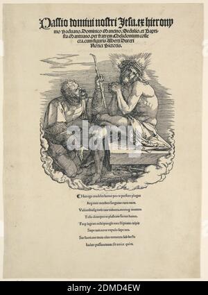 Titelblatt, die große Passion, Albrecht Dürer, deutsch, 1471–1528, Holzschnitt auf Papier, Christus sitzt, rechts, trägt eine Dornenkrone. Ein Mann kniet vor ihm nieder. Vier Zeilen gedruckter Text oben (der Titel). Acht Zeilen darunter und dreißig rückseitig., Deutschland, 1510, Abbildungen, Druck Stockfoto