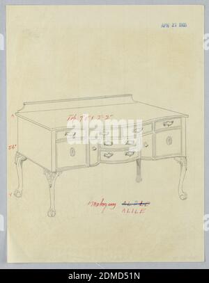 Design für Sideboard mit zehn Schubladen und Ball und Klauen Füße, A. N. Davenport Co., Graphit auf dünnem cremefarbenem Papier, Oblong-Sideboard mit vier cabriole Beinen mit Kugel- und Klauenfüßen verziert mit geschnitzten Akanthus-Blättern an der Oberseite jedes; dreigliedrige Front ist Serpentin mit vier passenden Schubladen in der Mitte oben vertieften zentralen Abschnitt, der zwei Schubladen mit einer Tür auf beiden Seiten hat; flankierenden zentralen Abschnitt auf beiden Seiten, zwei Türen mit Patera-Medaillons verziert; niedrige backsplash., 21. April 1905, Möbel, Zeichnung Stockfoto