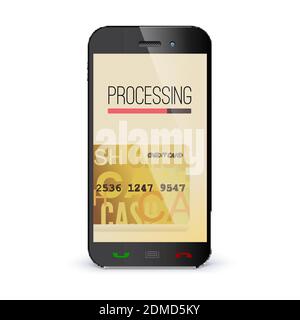 Smartphone mit Verarbeitung der Daten auf dem Display. Bildschirm des Bankbetriebs. Stock Vektor