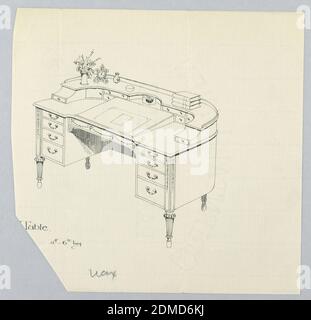 Design für Schreibtisch, A.N. Davenport Co., Stift und schwarze Tinte, schwarzer Buntstift auf dünnem cremefarbenem Papier, zweireihiger Schreibtisch mit abgerundetem Rücken, angehoben auf 4 verjüngenden, gerillten Beinen; Ausschnitt in der Mitte unten flankiert von 4 Schubladen unterschiedlicher Größe, vertikal auf beiden Seiten gestapelt; Blotter und Tintenfass oben Mitte; Im oberen Teil befinden sich 8 Schubladen in verschiedenen Größen mit Bücherstapel oben rechts und Vasen (eine mit Blumen) und eine kunstvolle Uhr oben links., 1900–05, Möbel, Zeichnung Stockfoto