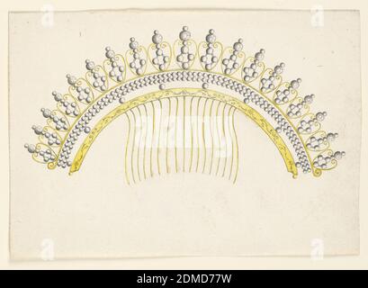 Design für Kamm, Stift und Tinte, Pinsel und grau, gelbes Aquarell auf Papier, Schmuckdesign für einen Haarkamm, der in vergoldeten, teilweise gravierten Metall und Diamanten ausgeführt werden soll. Siebzehn Zinken. Der Krepprand besteht aus Herzen mit oben einem großen Diamanten zwischen zwei kleinen Perlen, innerhalb einer Raute mit vier Perlen anstelle der Winkel. Die mittlere Reihe enthält zwei Perlenketten und acht größere Perlen unten als Abzweigung zum gravierten Band., Italien, ca. 1830, Schmuck, Zeichnung Stockfoto