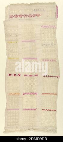 Sampler, Medium: Leinen, Seidentechnik: Gestickt auf Leinwandbindung, Sampler mit vielen kleinen Rechtecken von Drawnwork-Musterungen, interspaced mit Linien von Seidenstickerei., Mexiko, 19. Jahrhundert, Stickereien & Stitching, Sampler Stockfoto