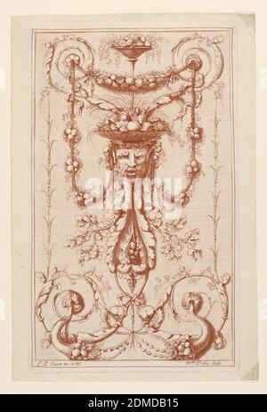 Arabesque Panel, aus 'Recueil d'Ornemens à l'usage des jeunes artistes', Gilles Paul Cauvet, französisch, 1731–1788, MME. Dabry, Crayon-Manner Radierung auf weißem Büttenpapier, Paris, Frankreich, Frankreich, 1777, Ornament, Print Stockfoto