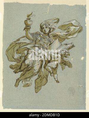 Wandmalerei mit Allegorie der Wachsamkeit, schwarzer Kreide, Stift und Tinte, Pinsel und Aquarell, weißer Aufheitung auf Papier, REIBT EIN fliegendes Mädchen mit der rechten Hand eine Feuerurne. In der linken Hand hält sie ein Buch, unterstützt von einem Putto., Italien, 1800–1830, Industriedesign, Zeichnung Stockfoto