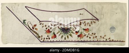 Design for the Embroidery of a man's Weste, Tracing, Stift und Tinte, Pinsel und Gouache auf Papier, unvollendetes Design für die untere linke Ecke einer Herrenweste Stickerei. Große Pflanzenpalme, kopfüber unter der Tasche. Linke Palmetten am unteren Rand, Blattrollen am steigenden Rand., Frankreich, 1780–1790, Zeichnung Stockfoto