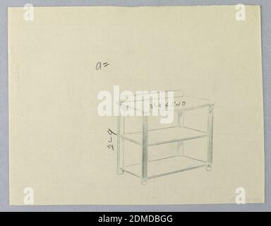Design für Serviertisch mit geraden Beinen, A.N. Davenport Co., Graphit auf dünnem cremefarbenem Papier, Oblong-Platte mit konvexer Front; angehoben auf 4 geraden Beinen; Vorderbeine mit Hinterbeinen enden in Kugeln, die an den Oberteilen mit kurzen geschnitzten balusterartigen Elementen verziert sind; 2 rechteckige Einlegeböden unten, die untere knapp über dem Boden; Backsplash., 1900–05, Möbel, Zeichnung Stockfoto