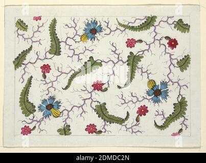 Florales Design für bedruckte Textilien, Louis-Albert DuBois, Schweizer, 1752–1818, Bursh und Gouache, Graphit auf weißem Webpapier, blaue und rosa Blüten auf lila Zweig Ästen, grüne Farne auf Whtie Boden. Linierte Graphitbordüre., Frankreich, 1800–1818, Textildesigns, Zeichnung Stockfoto