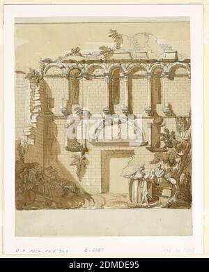 Blick auf die Porta Aurea, Palast von Diokletian, Split, Charles-Louis Clérisseau, Französisch, 1721 – 1820, Stift und braune Tinte, Pinsel und gelb-braun waschen, Graphit auf Papier, Wandhöhe, in Ruinen. Der untere Teil der Wand enthält eine ummauerte Tür, zwei kleine Nischen, die auf beiden Seiten der Tür platziert, und einen halben Bogen über der Tür. Der obere Teil der Wand enthält eine blinde Arkade mit drei Nischen und teilweise zerstörten Entablatur. Nur drei Säulen sind noch intakt. Auf dem Boden stehen drei männliche Figuren rechts vom Eingang. Stockfoto