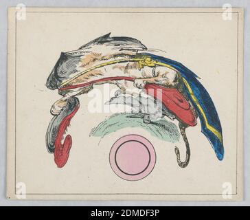 Les Anamorphoses (Anamorphosis), Kater in Stiefeln, Walter Frères, Paris, Frankreich, Jullien, Paris, Frankreich, handkolorierte Lithographie auf Papier, auf cremefarbenem Boden, eine geschwungene und verzerrte Darstellung einer Katze in grauen Stiefeln, wahrscheinlich der Charakter von Kater in Stiefeln. Er hält einen rot-grauen Federhut in der rechten Hand, trägt eine rote Tasche und trägt einen blauen Umhang mit gelbem Besatz. Einige Anzeichen von Gras unter seinen Füßen. Unten in der Mitte ein rosafarbener Kreis mit einem konzentrischen schwarzen Kreis, der in der Mitte umrandet ist und die Platzierung des zylindrischen Spiegels für die Betrachtung anzeigt. Rechteckige Rahmenlinie., Paris Stockfoto