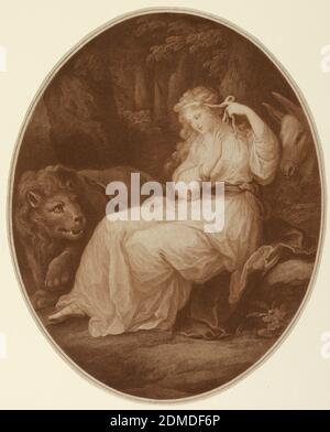 Una and the Lion, from Spenser's 'Feyrie Queen', Francesco Bartolozzi, Italian, Active England, 1727–1815, Angelika Kaufmann, Swiss, 1741 - 1807, Stippelgravur in Sanguinfarbe auf Papier, Ganzfigur einer Frau, sitzend, nach links gedreht. Sie bindet ihr Haar mit einem Band. Ein Löwe ist neben ihr, links, ein Esel hinter ihr. Enge Umrandung., England, ca. 1780, Drucken Stockfoto