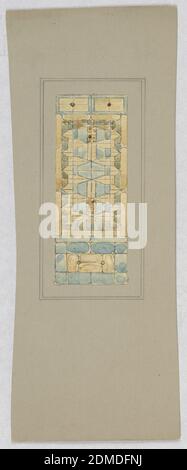 Design für Glasmalerei, Alice Cordelia Morse, amerikanisch, 1863–1961, Pinsel und Gouache auf Papier, auf Illustrationstafel montiert, Design in vertikalem Format von Chartreuse und hellblauem geometrischen Muster., USA, Ende des 19. Jahrhunderts, Architektur, Innenräume, Zeichnung Stockfoto