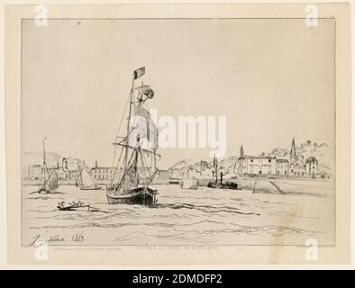 Entree du Port de Honfleur (Eingang zum Hafen von Honfleur), Johan Barthold Jongkind, Niederländisch, 1819 - 1891, Radierung in dunkelbrauner Tinte auf Papier, HAFENANSICHT. Großes Segelschiff im Vordergrund; links ein Ruderboot; Mitte zwei Segelboote. Im Hintergrund sind Häuser mit einem Hügel links, Bäume dahinter. Eingeschrieben, unten links: 'Jong-Kind 1863'; unten, am Rand: 'Entree du Port de Honfleir'; unten rechts: Delâtre... Paris., Niederlande, 1863, Print Stockfoto