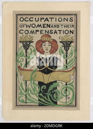 Design for Title Page, 'Occupations of Women and their Compensation', Alice Cordelia Morse, American, 1863–1961, Pinsel und Gouache auf graubraunem Papier, auf Illustrationstafel montiert, EINE Frau in schwarzem Kleid, Mit Goldbändern über der Brust und einem Medaillon in der Mitte mit den Buchstaben 'AT' steht ein offenes Buch mit goldenem Einband in der Hand. Auf ihrem roten Haar erscheint eine Krone aus drei goldenen Blütenblüten. Flankierend der Frau sind zwei große schwarze Fackeln mit goldenen Flammen. Grüne gewälzte Reben sind um die Fackeln verflochten und überlappen sich mit der Frau im Vordergrund. Stockfoto