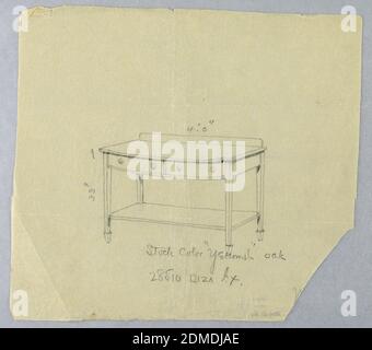 Design für Serviertisch mit zwei Schubladen und Convex Front, A. N. Davenport Co., Graphit auf cremefarbenem Transparentpapier, Oblong-Platte mit konvexer Front mit 2 Schubladen; angehoben auf 4 geraden, spitz zurechtwinkligen Beinen; unteres rechteckiges Regal wird knapp über Bodenniveau befestigt; Backsplash., 1900–05, Möbel, Zeichnung Stockfoto