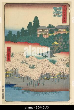 Blumenpavillon, Dango Hill, Sendagi (Sendagi, Dango-zaka Hana-yashiki) aus der Serie hundert berühmte Ansichten von Edo, Ando Hiroshige, japanisch, 1797–1858, Holzblock-Druck in farbiger Tinte auf Papier, blühende Kirschblüten teilen diesen Druck in zwei Hälften. Unten sind Besucher dargestellt bewundern die Blumen. Unter der großen Wolke erscheint eine dicke Baumformation, die den Pavillon umgibt. Drei kleine Figuren werden gesehen, wie sie die steilen Stufen erklimmen, um den Blick auf den Gipfel zu beobachten. Der „Pavillon der Violetten Quelle“ (Shisentei) blickt auf den Shinobazu-Teich und weiter über Teile von Ueno hinaus., Japan, 1856, Print Stockfoto