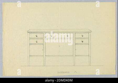 Design für Sideboard 'A' mit acht Schubladen, A.N. Davenport Co., Graphit auf dünnem Papier, rechteckiges Sideboard mit sechs kurzen, spitz zulaufenden Beinen [vier abgebildet]; acht Schubladen in dreiteiliger Front: Mittlere, schmale horizontale Schublade über größerer, diese von zwei kleineren Schubladen über einem Schrank auf beiden Seiten flankiert; geringer Rücksplash., 1900–05, Möbel, Zeichnung Stockfoto