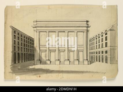 Erhebung der Fassade des Théatre Royal des Italiens, Paris, Cesare Recanatini, Italienisch, 1823–1893, Bleistift, Stift und Tusche, mit grauer Wäsche auf cremefarbenem Papier, horizontales Rechteck. Unvollendete Zeichnung des gleichen Motivs wie 1938-57-1425, nur Höhe des Stadtplatzes ist links und rechts zu sehen., Italien, ca. 1860, Zeichnung Stockfoto