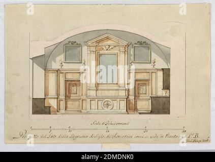 Projekt für das Innere der Sakristei von St. Giovanni de’ Florentini in Rom, Giuseppe Palazzi, Italienisch, 1740 - 1810, Graphit, Stift und Tinte, Pinsel und Aquarell auf Papier, Abschnitt. Links ist ein Fenster. Auf der gegenüberliegenden Seite befindet sich ein Schrank, dessen unterer Teil für Gewänder ist. Das lange Gewölbe ist in der Mitte mit einem Alter retable dekoriert. Seitlich sind Tafeln mit Bildern über ihnen im Gewölbe gehängt., Italien, Ende des 18. Jahrhunderts, Architektur, Zeichnung Stockfoto