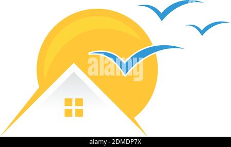 Kreative, farbenfrohe und lustige Haussonne mit blauem Vogel isoliert Sommer Icon-Design. Tropical Home Icon Vektor isoliert Zeichen Symbol. Vektorgrafik EP Stock Vektor