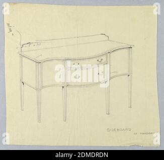 Design für Sideboard aus Mahagoni mit Serpentine Front, A.N. Davenport Co., Graphit auf dünnem cremefarbenem Papier, rechteckiges Sideboard auf sechs geraden, spitz zulaufende Beine; Serpentinfront hat zwei Schubladen - die obere schmalere - in der Mitte, jede hat zwei C-förmige Griffe; niedriger Rücksplash., 1900–05, Möbel, Zeichnung Stockfoto