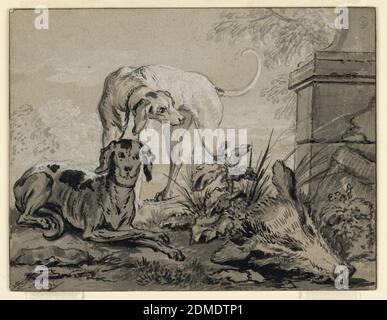 Nach der Jagd: Zwei Hunde neben dem Kopf eines Wildschweins, Jean-Baptiste Oudry, französisch, 1686 – 1755, Stift und schwarze Tinte, Pinsel und graue Waschung, weiße Gouache auf braungrauem Papier auf Karton montiert, gerieber Rand in Stift und schwarzer Tinte, zwei Hunde, einer liegend und einer stehend, Sind neben dem Kopf eines Wildschweins und einem Teil eines Löwenversteckes am Fuße einer klassischen Ruine, in einer Landschaft Einstellung unten rechts., Frankreich, 1740, Naturstudien, Zeichnung Stockfoto