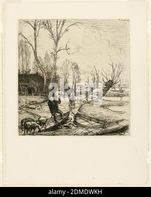 In the Deluged Marsh - The Shepherd (Au marais inonde - Le berger), Auguste Lepère, Französisch, 1849 - 1918, Radierung in schwarzer Tinte auf cremefarbenem Papier, Frankreich, 1911, Druck Stockfoto