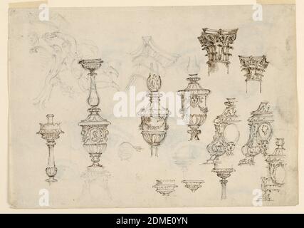 Skizzen für Baluster und Hauptstädte, Feder und braune Tinte, Graphit auf weißem Papier, Seite mit verschiedenen Designs für Baluster mit Gadrooning, Akanthus Blätter und Masken verziert. Oben rechts zwei Großdesigns. Lichtskizzen von Engeln oben links., Italien, Italien, 17. Jahrhundert, Architektur, Zeichnung Stockfoto