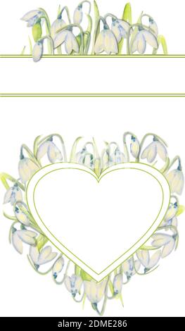 Set of romantic spring frames with snowdrops on the outer edge on a white isolated background. Watercolor painting. Stock Vector