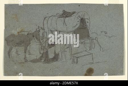 Army Wagon and Mule, Winslow Homer, amerikanisch, 1836–1910, Graphit, Pinsel und Grauwäsche auf blaugrünem Papier, Horizontale Ansicht eines angehaltenem Armeewagens, an den ein Maultier gebunden ist., USA, 1863–64, Figuren, Zeichnung Stockfoto